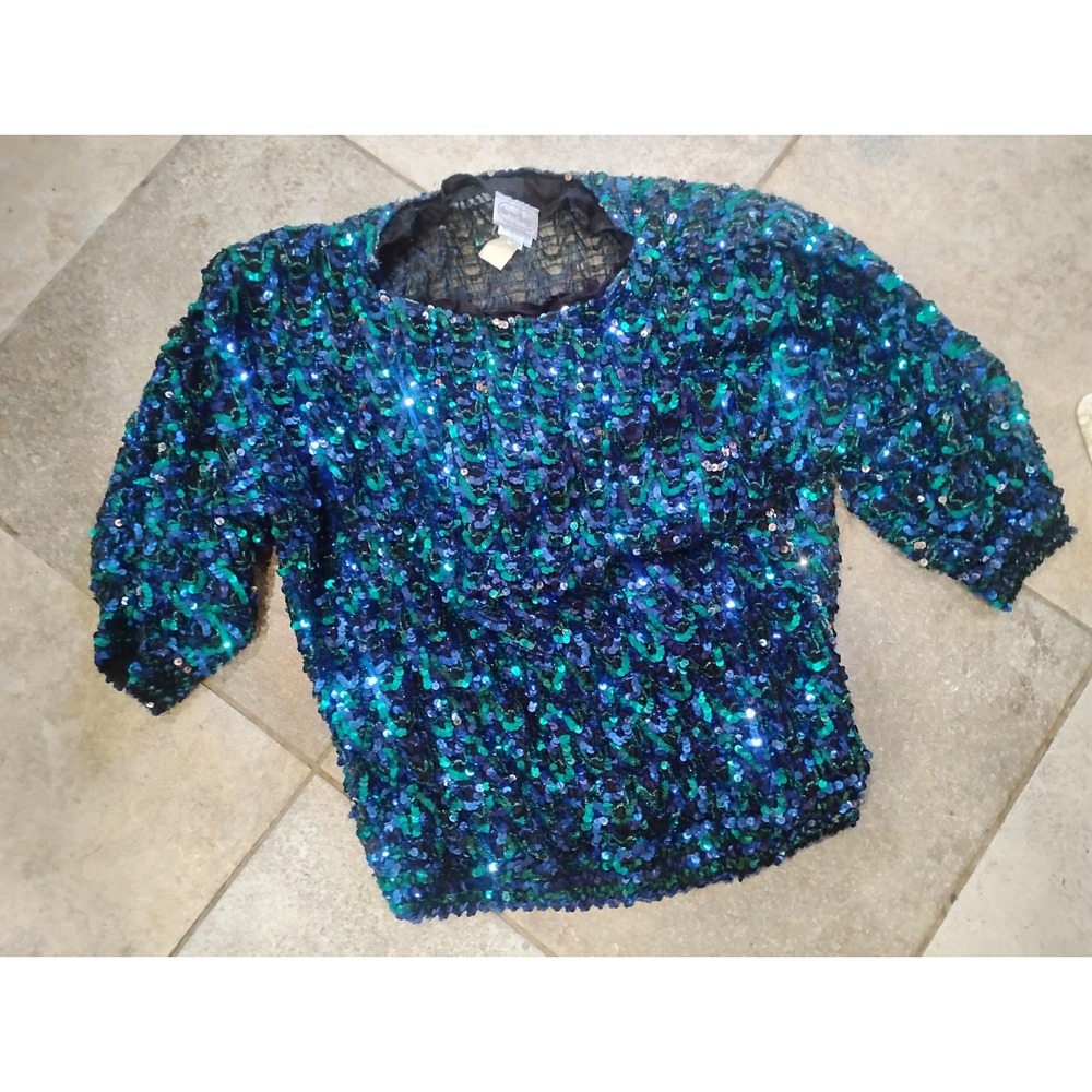 Three Flaggs Sequin Women's Medium Black Silver Sparkle Blouse Vintage